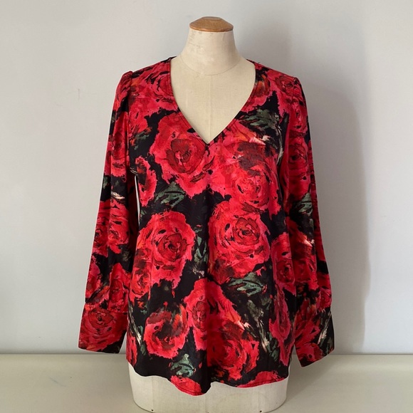 Rachel Zoe long sleeved red, black and green floral blouse with V neck. Small - Picture 2 of 14